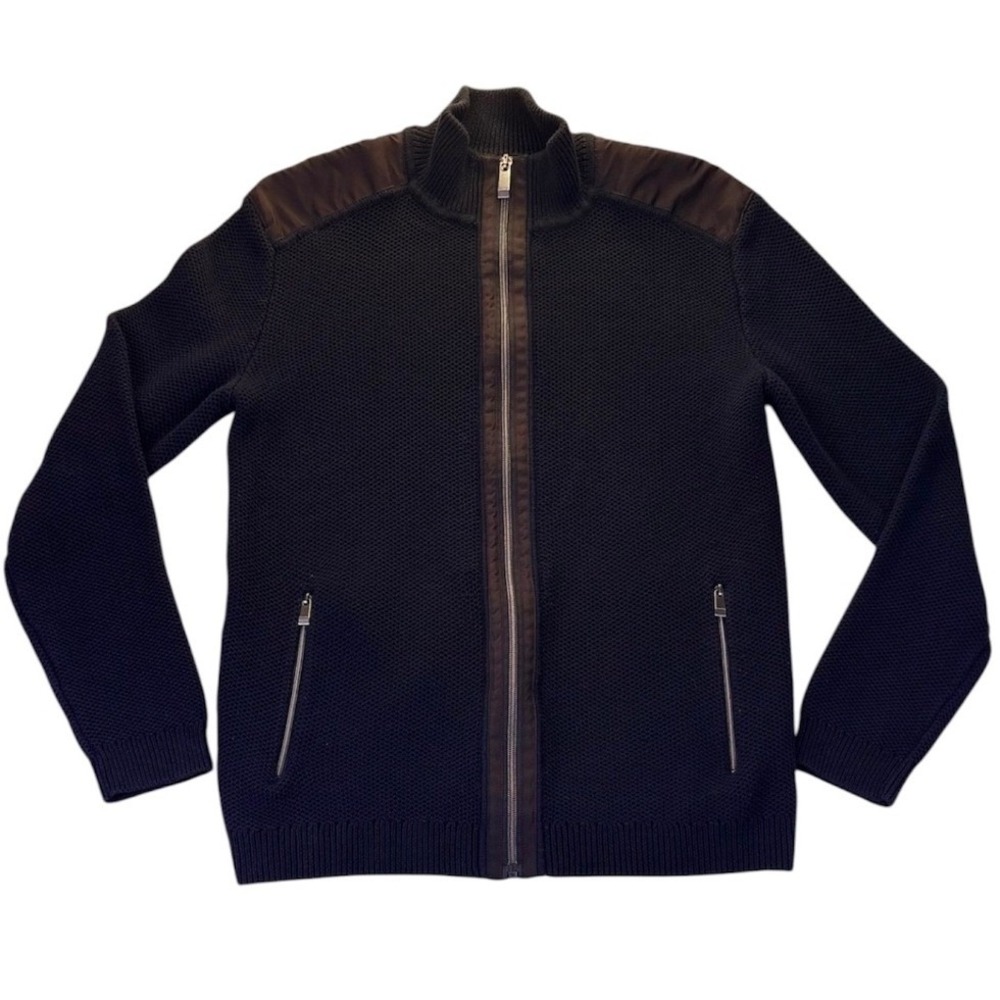 Calvin Klein Men's Full Zip Knit Cardigan Sweater L Black Mixed Media Business